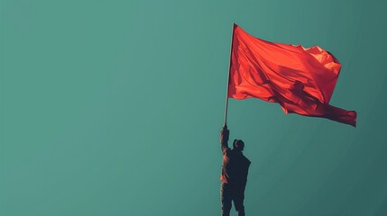man holding a big red flag visual concept for international labor day - obrazy, fototapety, plakaty