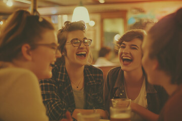Laughter Filled Night: Cheerful Group at a Diner, Retro, Film