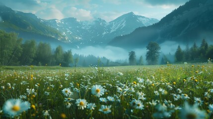 Serene Mountain Valley with Lush Green Meadow and Wildflowers in Spring