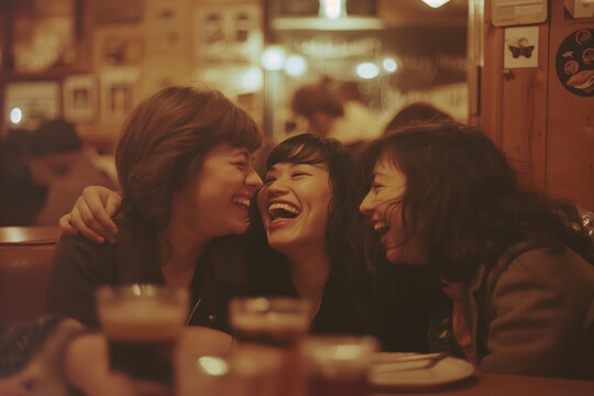 Retro Laughs: Friends Laughing Together at a Vintage Bar