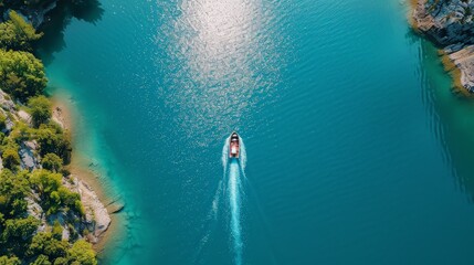 A drone captures a serene scene of a small boat sailing in crystal-clear blue ocean waters, near the coast, viewed from above