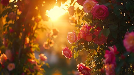 Vibrant rose garden at sunset. perfect light for photography. ideal for nature-themed designs. serenity in every petal. colorful outdoor scenery. AI