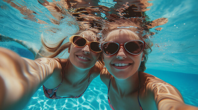 happy women friends swimming underwater in pool taking selfie.