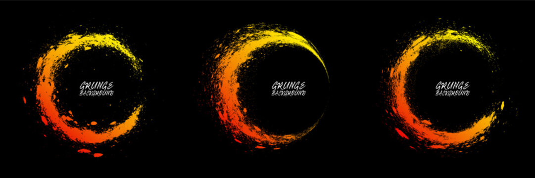 Graffiti circles texture effect set. Colorful paint brush strokes. Watercolour textured template. Yellow orange isolated on black background. Graphic design grunge style concept for banner, flyer, etc