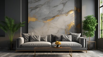 Elegant Living Room Interior With Grey Sofa Against Marble Wall