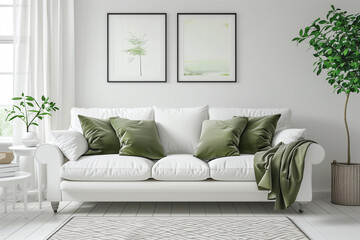 White sofa with posters on the wall and green small tree. in living room.
