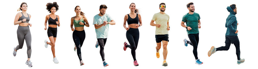 Fitness people are athletic men and women full-length runners, running. Transparent isolated...
