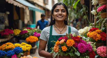 Indian woman florist collects bouquet of spring flower- fresh cut flowers in vases in warehouse and racks for sale, delivery for holiday. Spring, March 8, women's Day, birthday. 