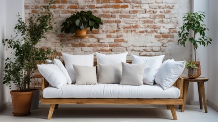 Cozy Living Room Setup With White Sofa and Green Plants Against Brick Wall