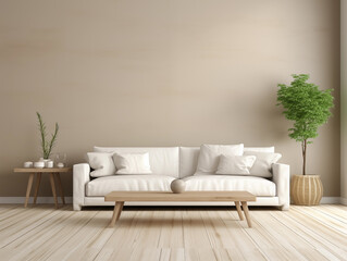 beige living room with empty wall behind illustration - classy stylish modern cosy space.