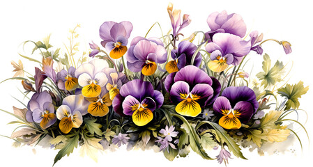 Pansys/Johnny-Jump-ups/violets, flower bouquet in a side view PNG, in, a spring floral-themed, isolated, and transparent botanical illustration. Generative ai