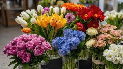 Multicolored spring flowers in a flower shop - fresh supply of cut flowers for spring holidays. Tulips, roses, peonies, crocuses, chrysanthemums, hydrangeas, hyacinth, eustoma. AI generated