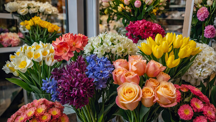 Fototapeta premium Multicolored spring flowers in a flower shop - fresh supply of cut flowers for spring holidays. Tulips, roses, peonies, crocuses, chrysanthemums, hydrangeas, hyacinth, eustoma. AI generated