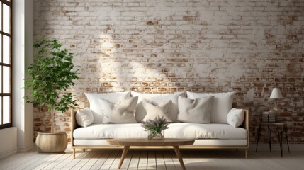 Modern Minimalist Living Room With White Sofa and Exposed Brick Wall
