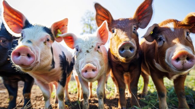 group of playful pigs in farm curiously approaching the camera in a friendly manner.