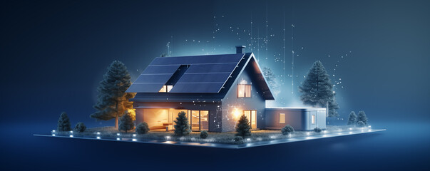 futuristic generic smart home with solar panels rooftop system for renewable energy concepts, concept house that is covered in solar panels and windows in the front yard