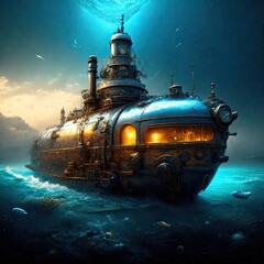 steampunk submarine submerged in the ocean - obrazy, fototapety, plakaty
