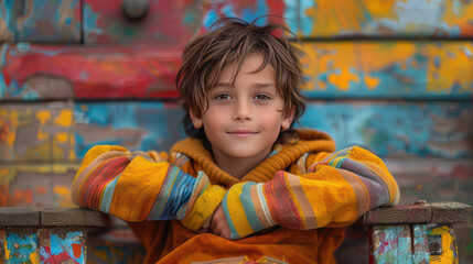 Illustration of a smiling handsome and charming boy in a colorful sweatshirt on a bench in a city setting