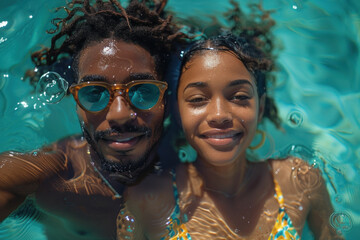 African American young couple in love swim in tropical sea