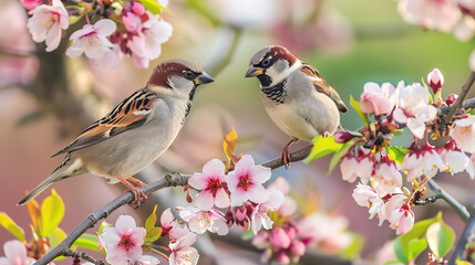 Sparrows find refuge among the blossoming flowers on a tree branch, in a tranquil spring garden.