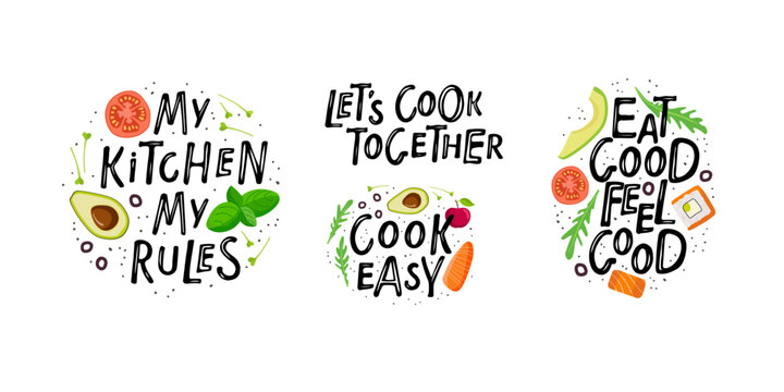 Kitchen Posters, banner, cookware prints, label for shop, kitchen classes, cafe, food studio. Handwritten phrase with ingredients. Inspiration graphic design element. My kitchen my rules, Cook easy.