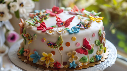 Fototapeta na wymiar A birthday cake with decorations