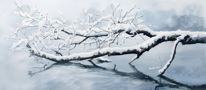 A painting depicting a tree branch covered in snow, capturing the essence of winter with its frozen beauty. The snow delicately rests on the branch, creating a serene and chilly scene.