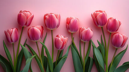 Minimalistic Pink Tulips on Pink Background with Copy space. Spring Banner for International Women's Day and Mother's Day