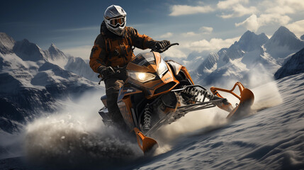 Man driving snowmobile in snow mountains