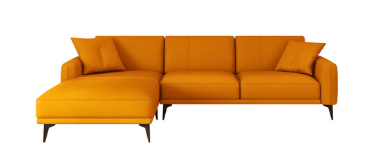 Modern orange sofa in front view with transparent background