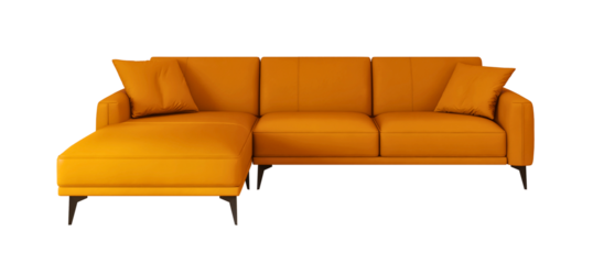 Modern orange sofa in front view with transparent background