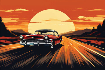 Classic vintage car on highway illustration. Beautiful retro car driving along the highway. Summer road trip adventure, vintage car driving along a scenic coastal highway. Beautiful Vintage car.