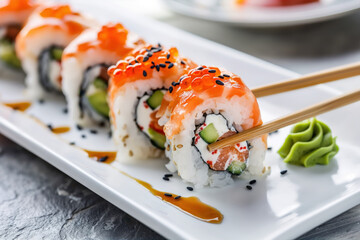 Sushi rolls topped with salmon and roe, served on a white plate with soy sauce and wasabi, ready to be eaten.