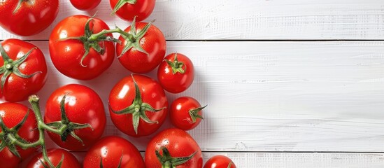 A top-down view of a collection of fresh, vibrant red tomatoes neatly arranged on a clean white wooden table. The tomatoes are ripe and ready for consumption, creating a visually appealing display