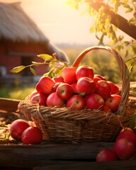 apples in a basket, red ripe apples, summer, July, garden in the background.