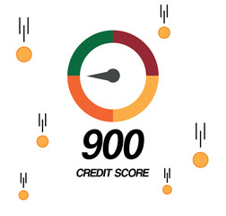 900 Credit score. Personal score meter, credit level, mortgage and loan. Financial vector with falling coins