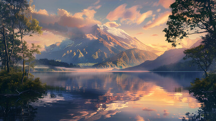 At dawn, a majestic volcanic mountain casts its reflection in the serene waters of a tranquil lake, illuminated by the soft morning light, creating a breathtaking natural spectacle - Powered by Adobe