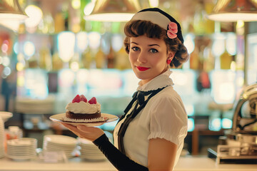 smiling waitress in vintage attire, presenting a delicious cake topped with strawberries on a...