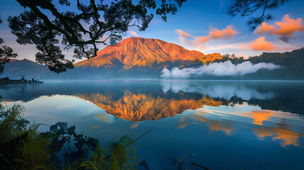 Fototapeta na wymiar At dawn, a majestic volcanic mountain casts its reflection in the serene waters of a tranquil lake, illuminated by the soft morning light, creating a breathtaking natural spectacle