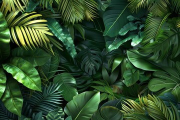 Fototapeta na wymiar Lush green leaves fill the frame, creating a vibrant nature backdrop Artistic composition of an assortment of tropical plants with featuring different textures and shades of green, for a botanical 