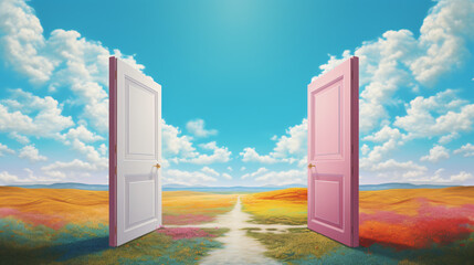 Multi colored abstract opening doors on grassy