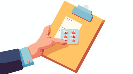 Hand holding medical folder report packing pills 