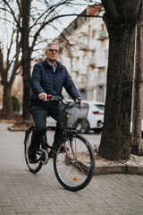 An elderly man enjoying a leisurely bike ride along a tree-lined urban street, exuding health and vitality in a relaxed outdoor setting.