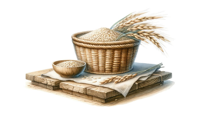 Artistic illustration showcasing a woven basket filled with grains alongside wheat ears on a rustic wooden board.
Generative ai