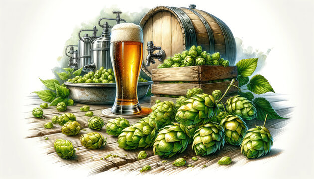Illustration of a full, frothy beer mug surrounded by lush green hops and barley on an old rustic wooden table.
Generative ai