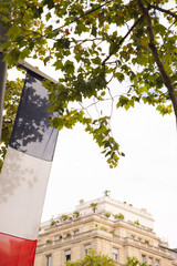 Le drapeau français hissé dans les airs des Champs-Elysées - obrazy, fototapety, plakaty