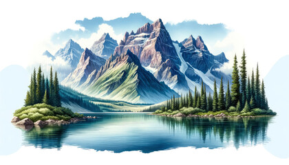 A tranquil illustration of a serene mountain lake, with lush pines reflecting on the water against a backdrop of majestic peaks.
generative ai