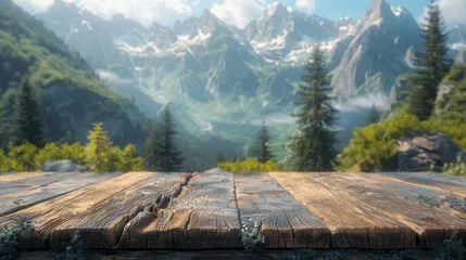 Tuinposter Mountain landscape on a wooden table top © DZMITRY