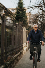 A mature man cycling on a quiet street exudes active lifestyle and contentment in a suburban setting during a calm, tranquil day.