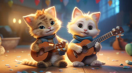 Two cats are playing a guitar together, generative ai